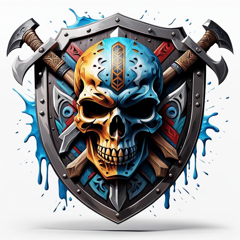 Tribal Axes and Skull Shield: Hyperrealistic Concept Art