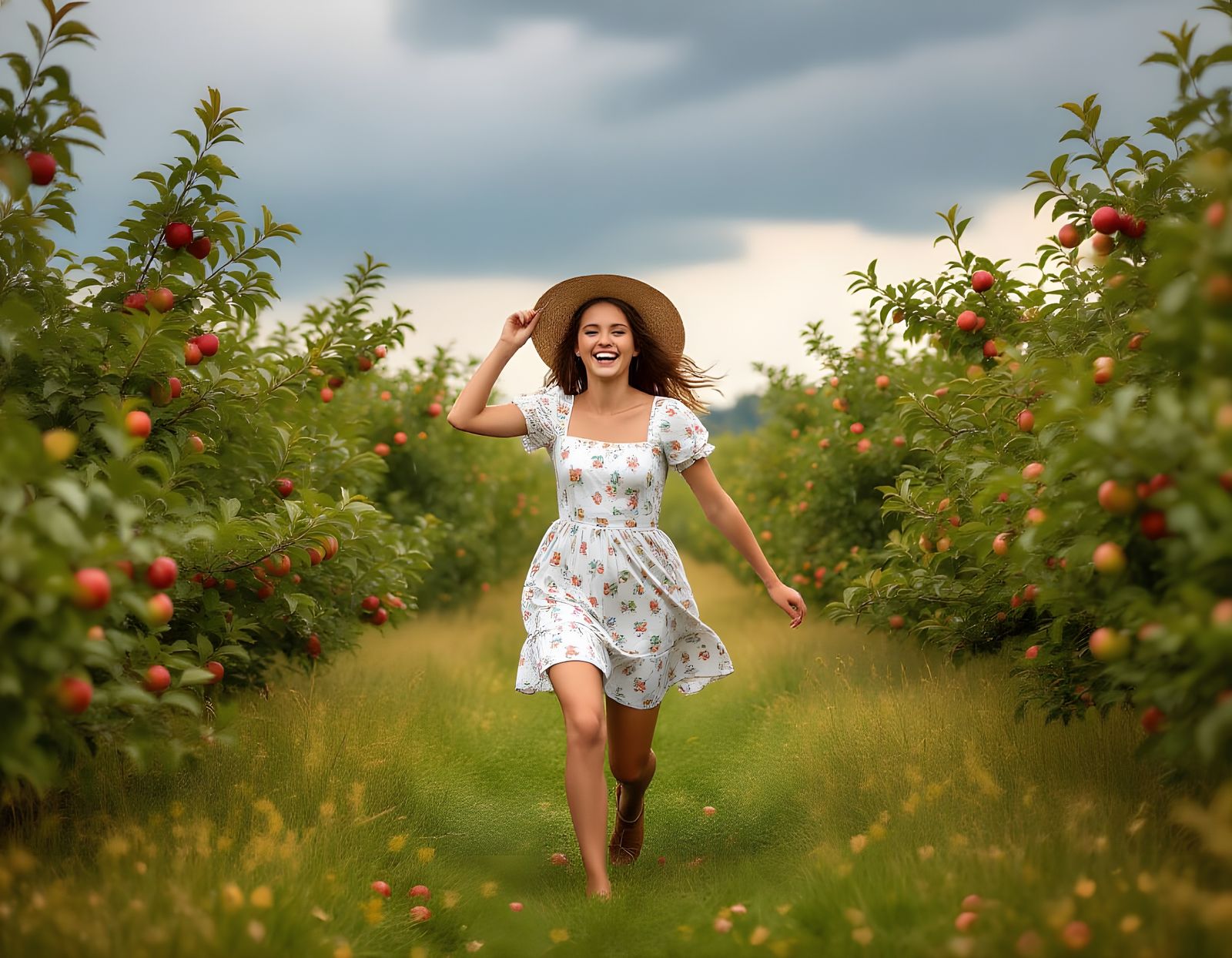 Laughing Woman Runs Through Orchard as Storm Approaches