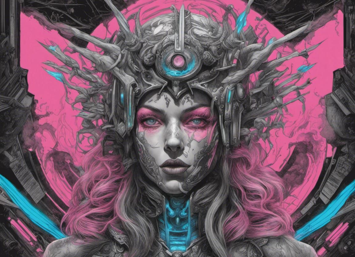 Cyber Valkyrie in Baroque Far Future: Charcoal Drawing