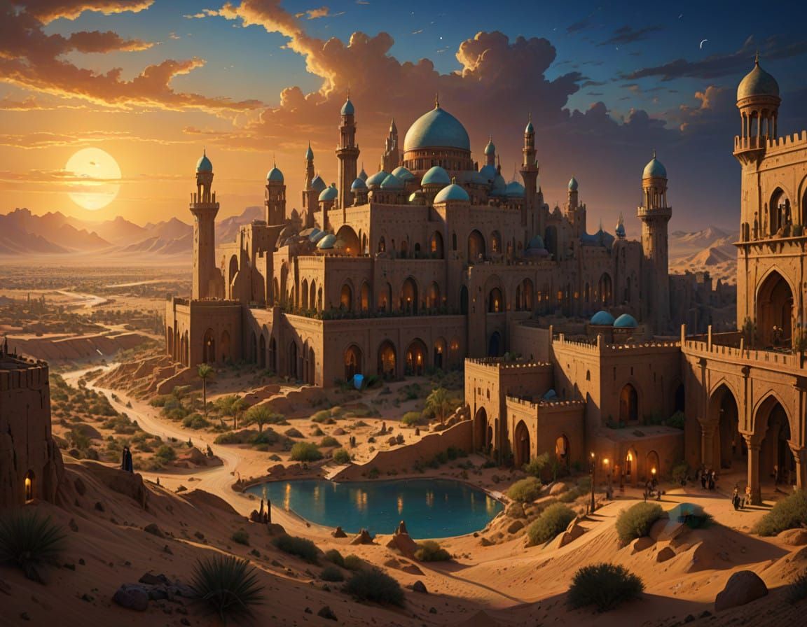 Surreal Arabian Cityscape Unfolds Under Golden Desert Skies