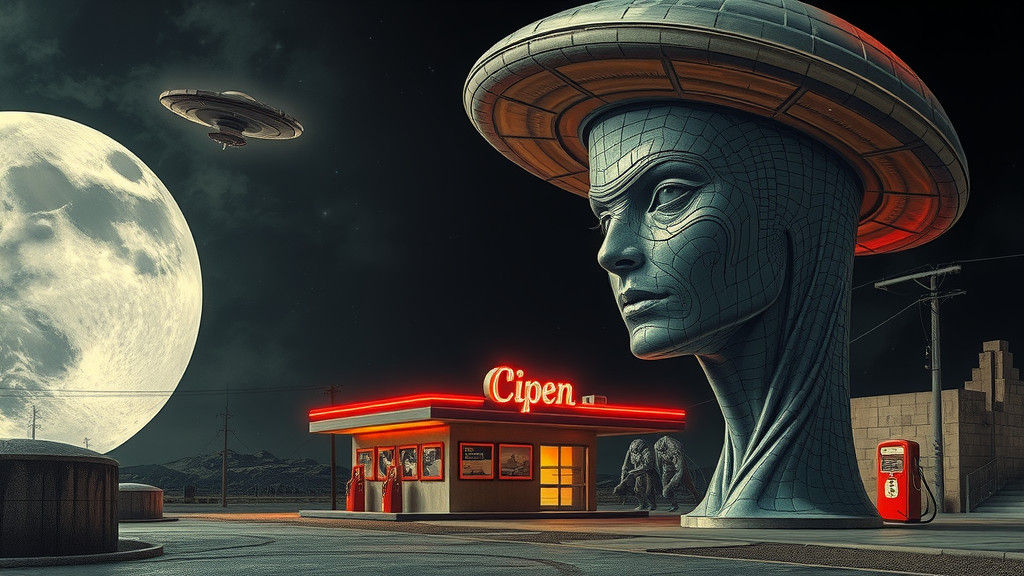 Alien Gas Station on the Moon in Surreal Style