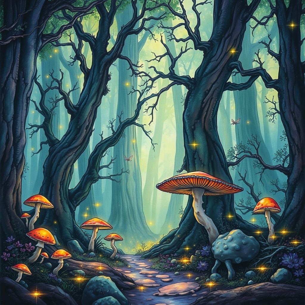 Dreamlike Forest Scene in Whimsical, Vibrant Colors