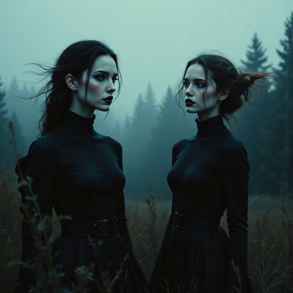 Gothic Women in Foggy Forest, Cinematic Still