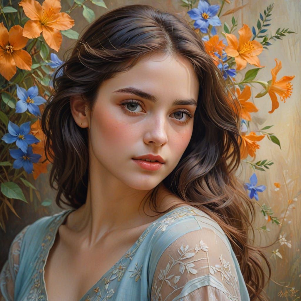 Impressionist Portrait of Woman with Floral Hair