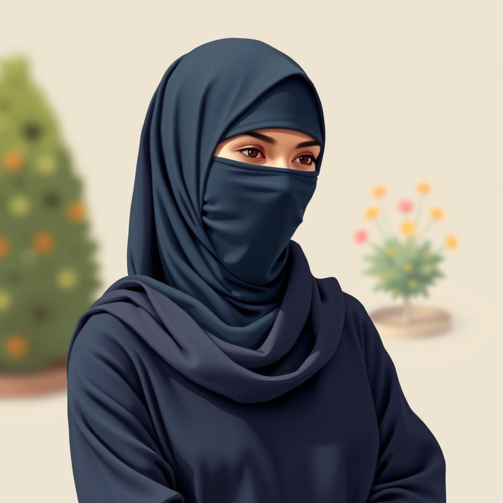 Elegant Minimalist Painting of a Modest Woman in a Garden