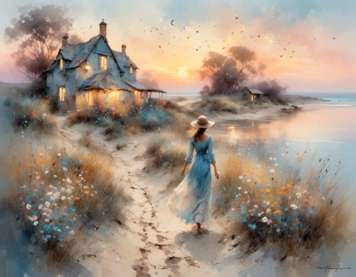 Pastel Sunset: Woman Walks by Cottage on Sandy Path