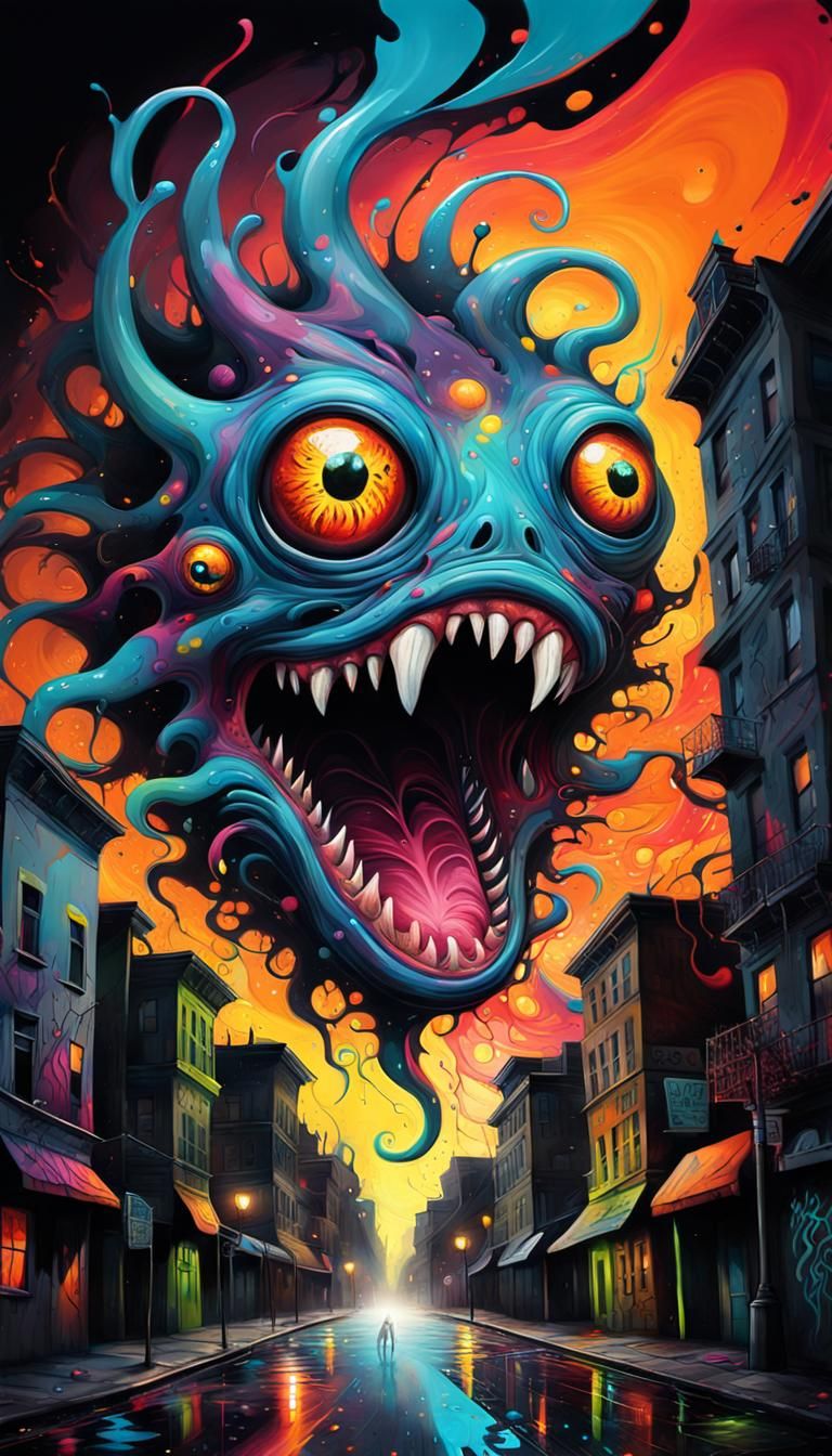 Monstrous Creature Emerges: Surreal Graffiti Art