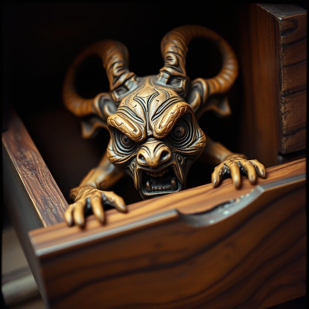 Intricate Wood Carving with Surprised Expression