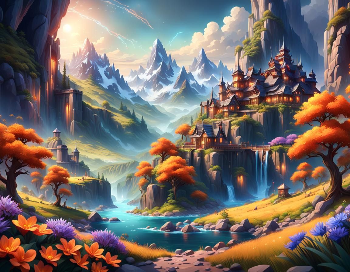 Vibrant Fantasy Landscape Matte Painting in 8K