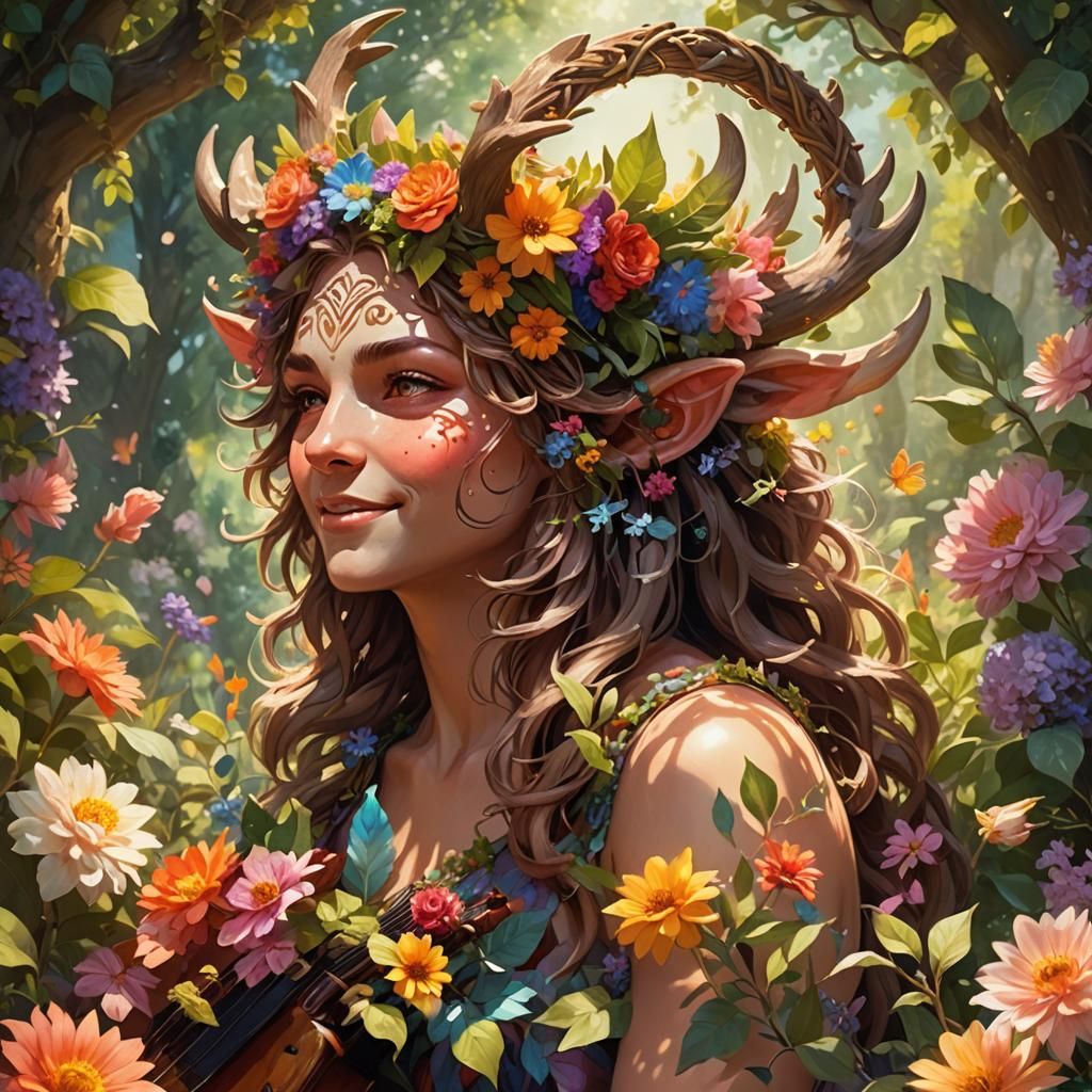 Fae Satyr Singing in a Vibrant Garden