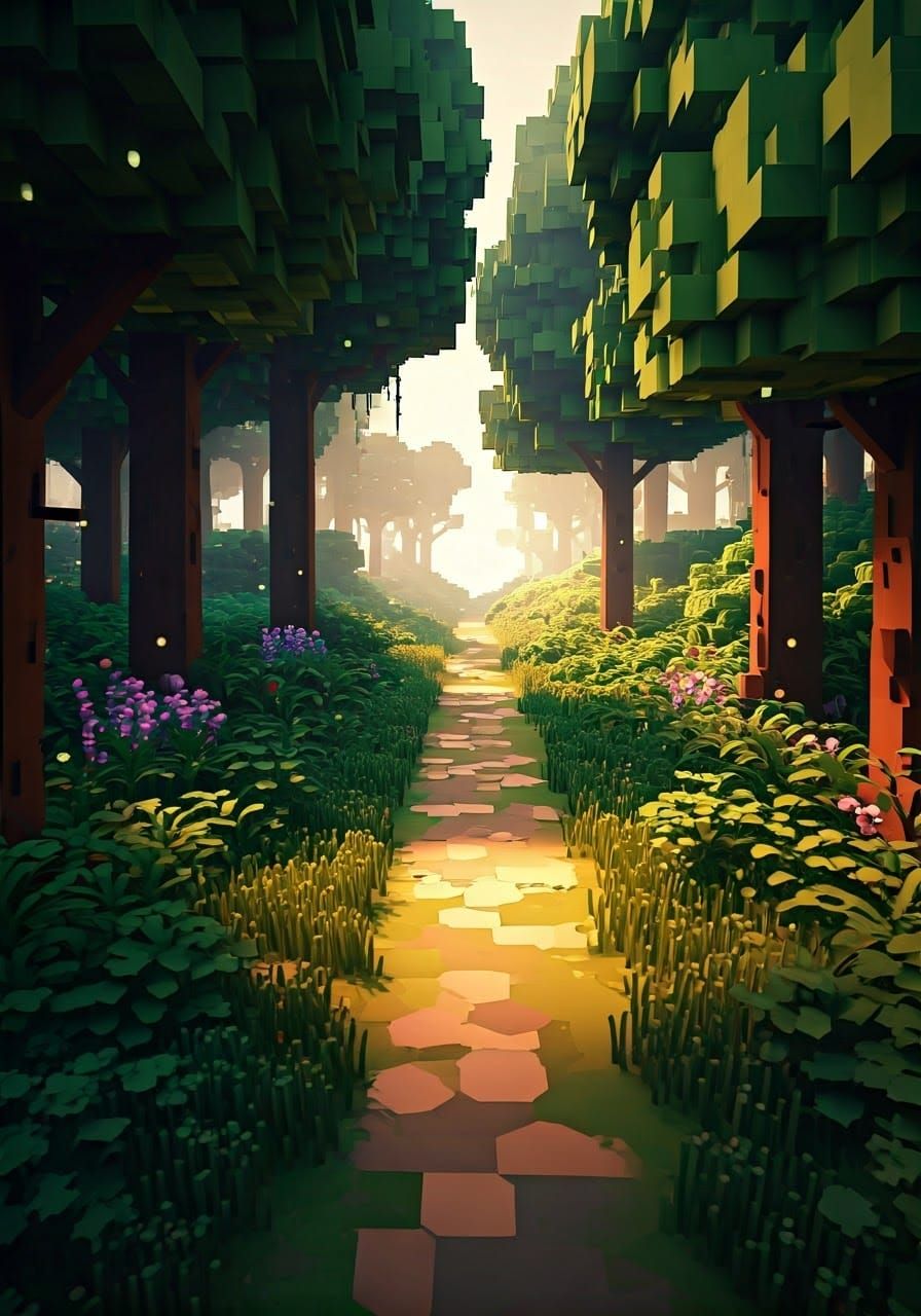 Serene Voxel Fantasy Garden in Warm Golden Light