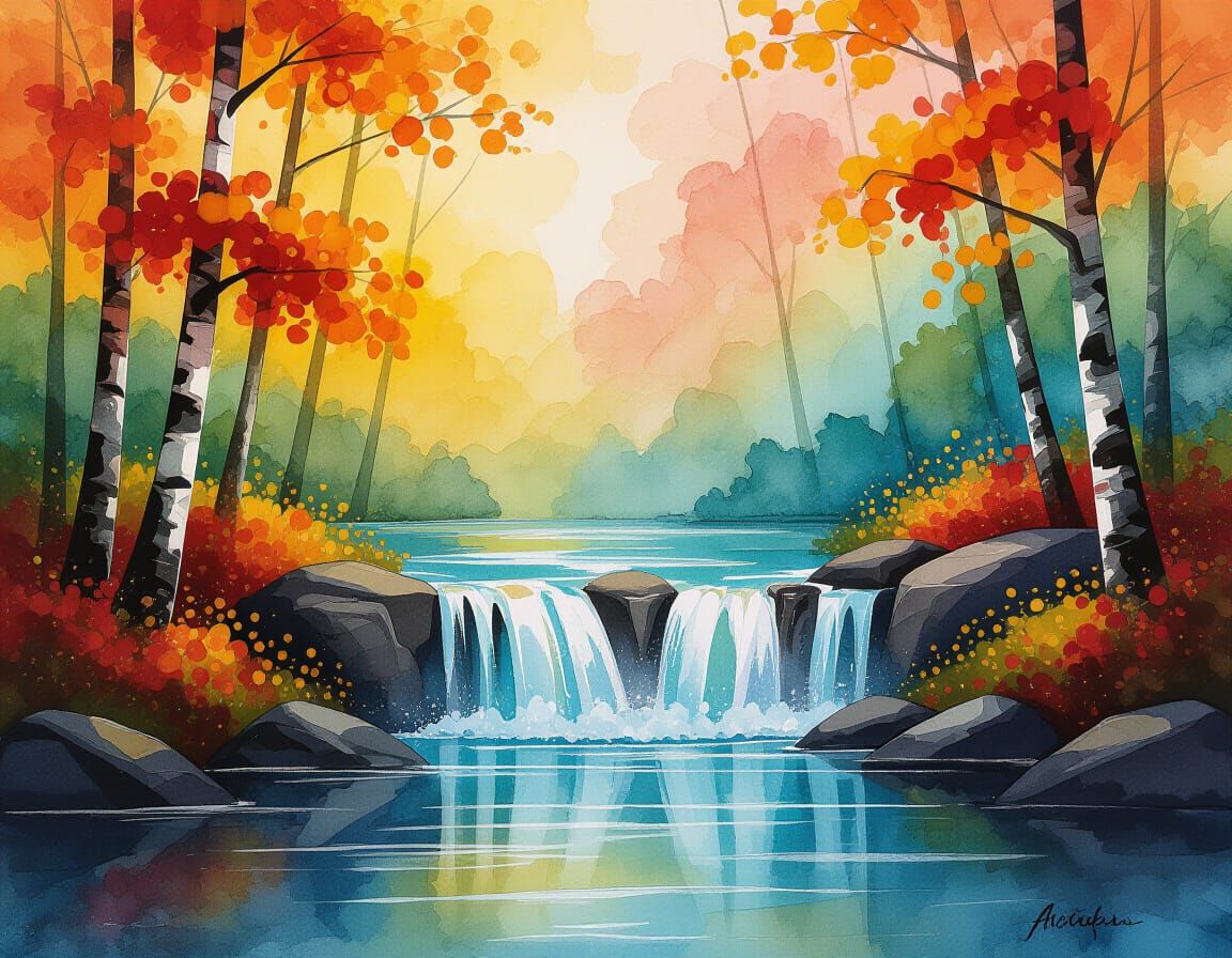 Vibrant Autumnal Waterfall in Alcohol Ink Style