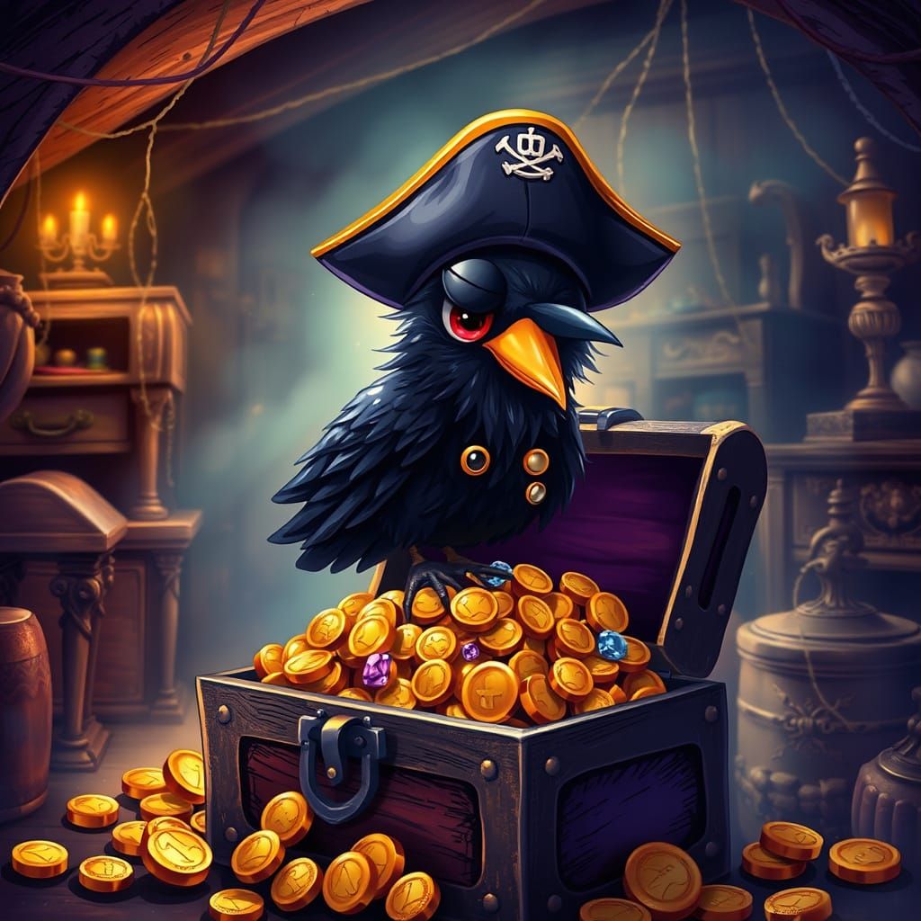Pirate Raven Guarding Treasure in Spooky Attic