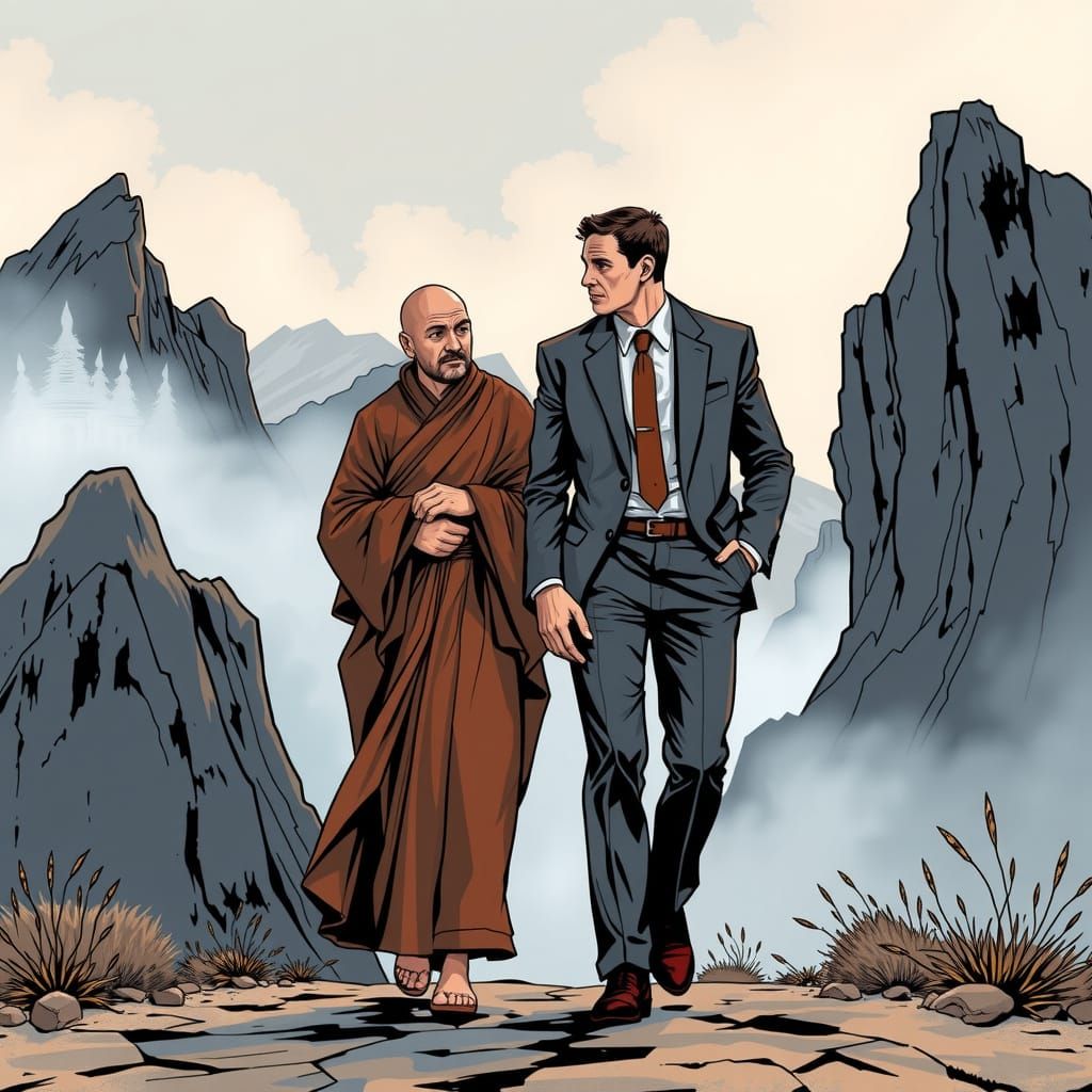 Monk and CEO in Deep Mountain Conversation, Comic Style