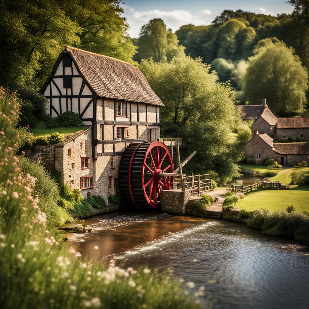English Countryside Watermill in Embroidered Style