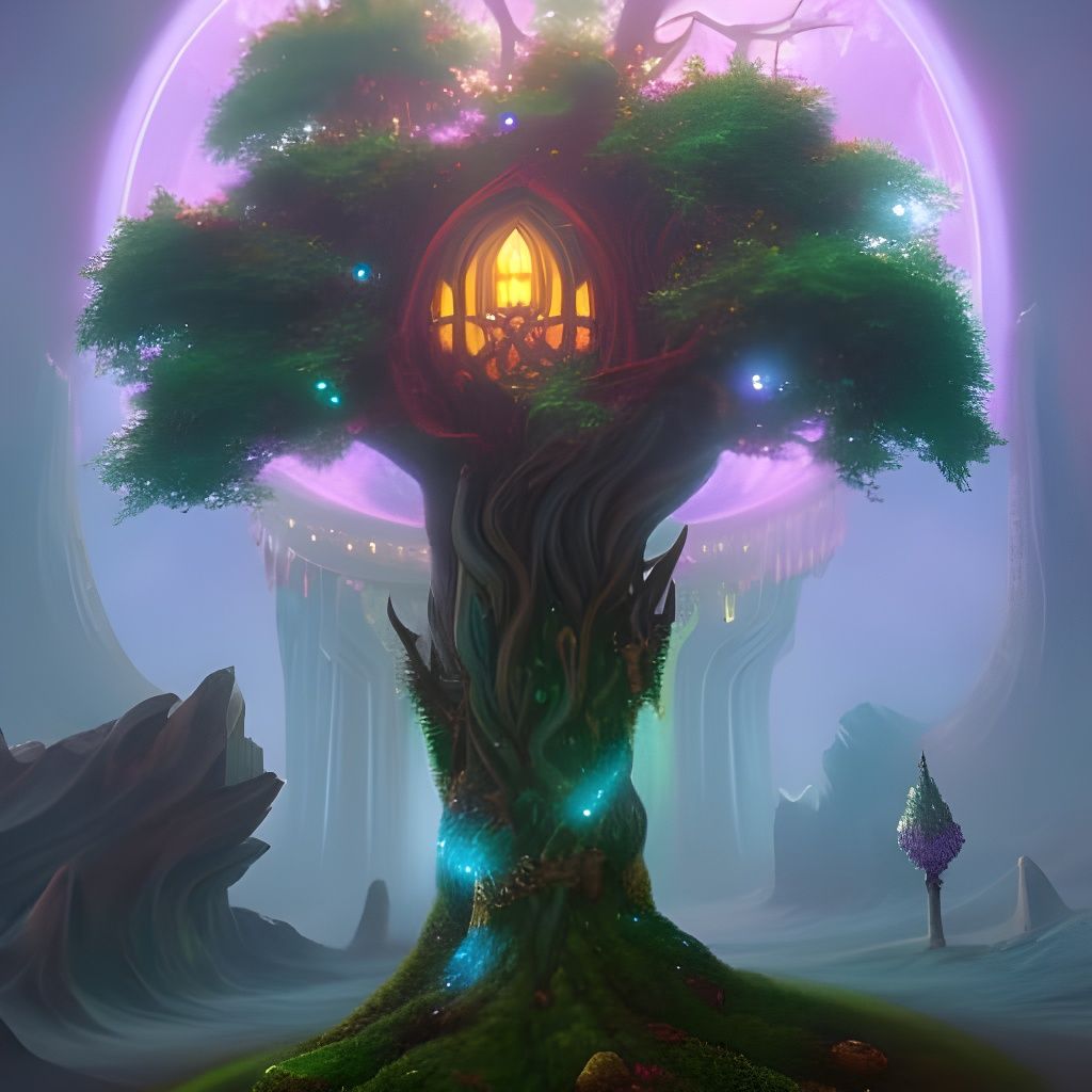 Magical Tree with Floating Crystals in Fantasy Landscape