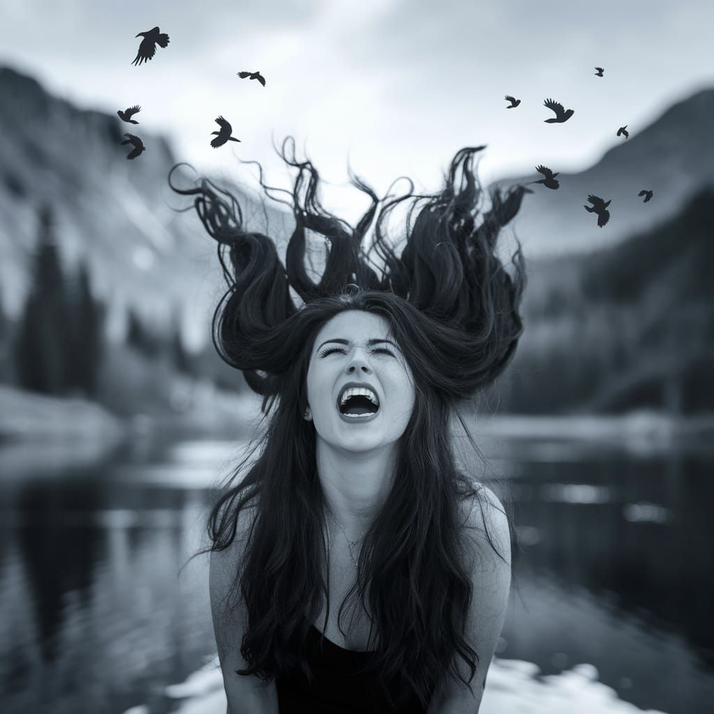 Woman's Hair Turns into Crows in Serene Landscape