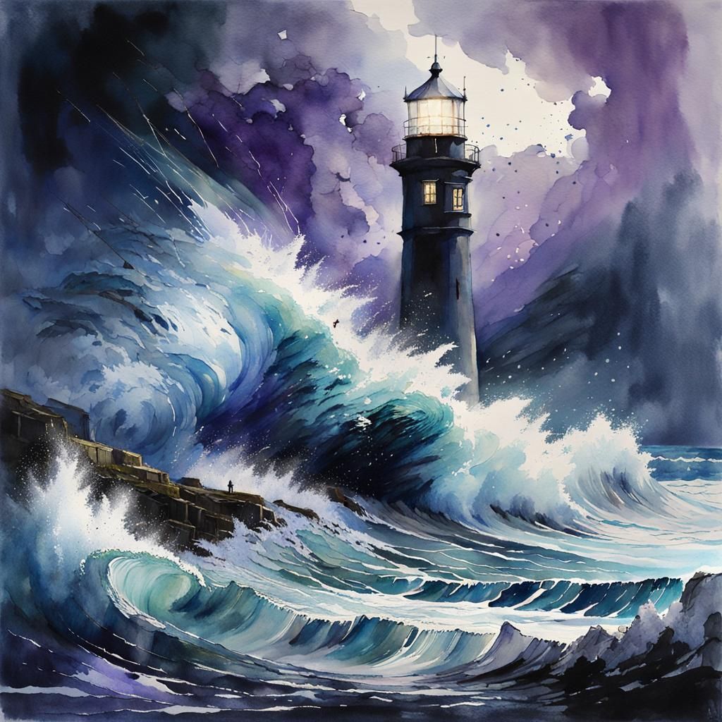 Ocean Wave Towers Over Lighthouse in Watercolor