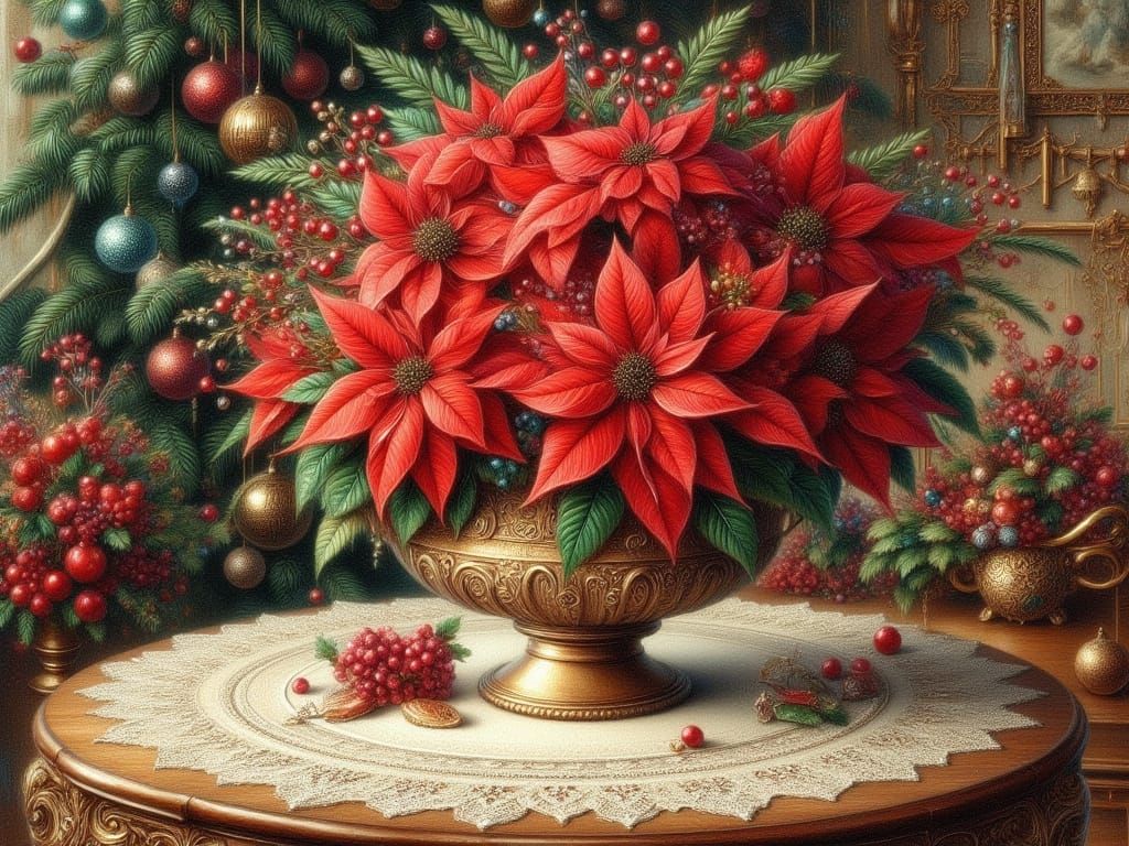 Vintage Christmas Card with Poinsettias