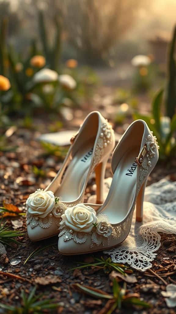 Embellished Wedding Shoes in Misty Garden: Cinematic Still