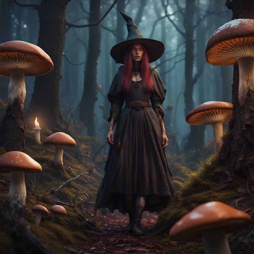 Mushroom Witch in a Detailed Forest Painting