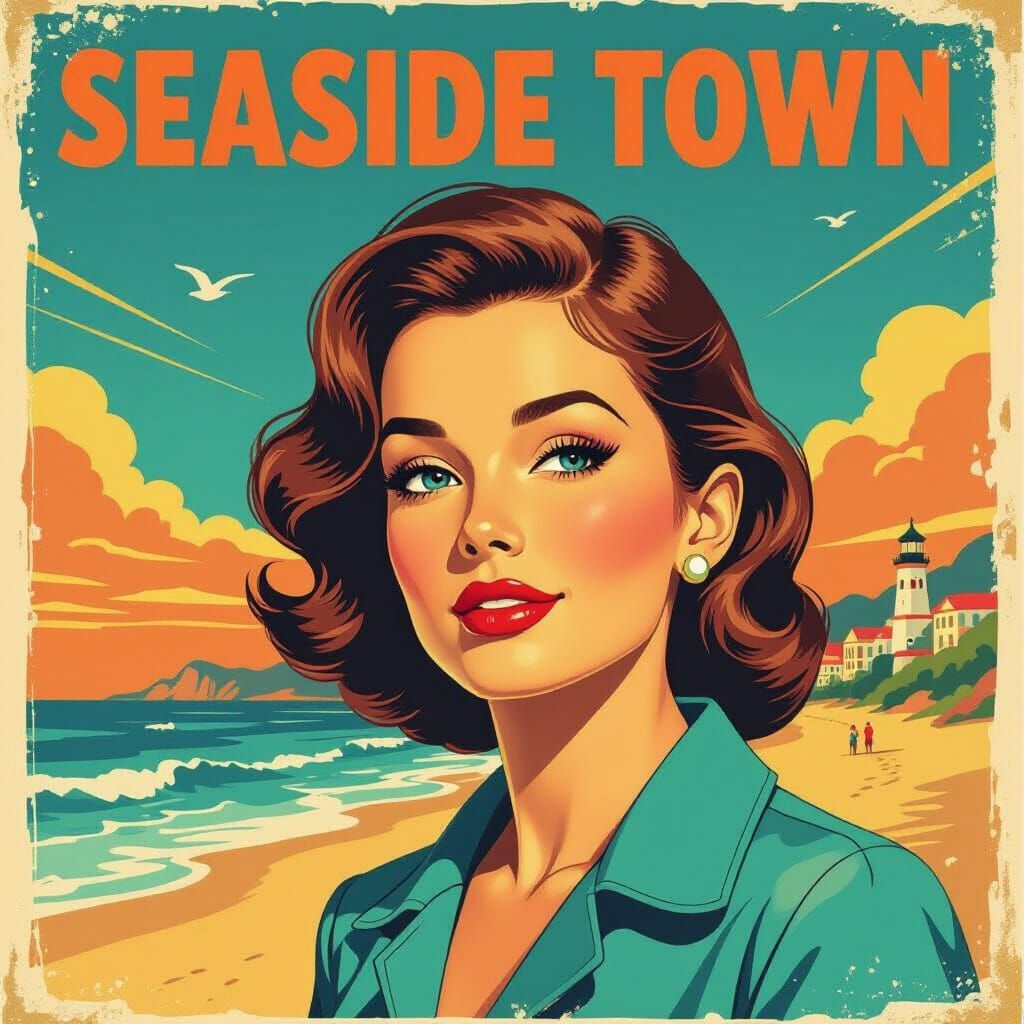 Mid-Century Seaside Town Poster in Teal and Orange