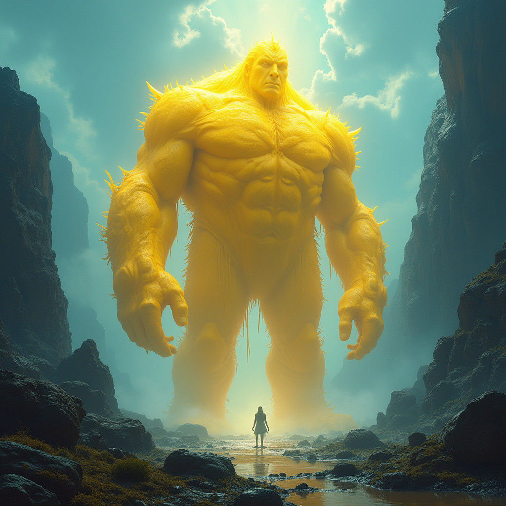 Colossal Yellow Giant in Dreamlike Landscape
