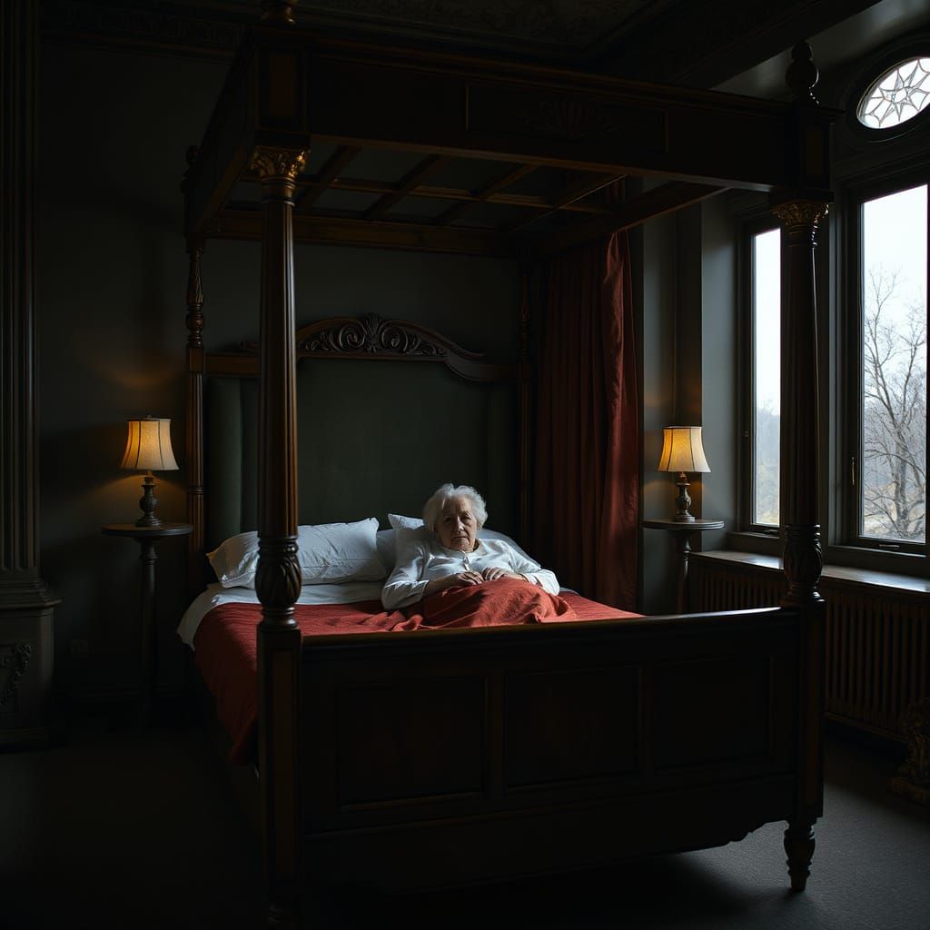 Elderly Woman in Ornate Bed, Somber Mood