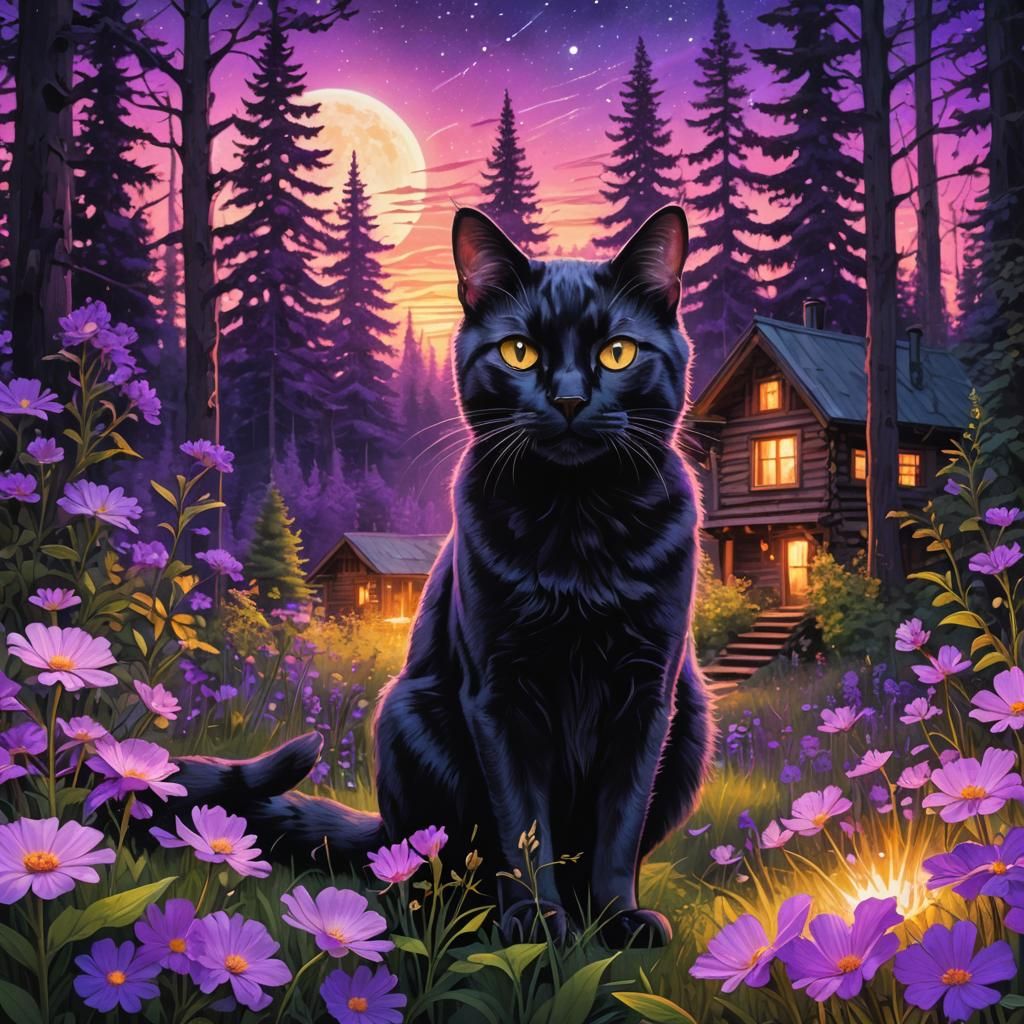 Black Cat at Sunset with Purple Flowers