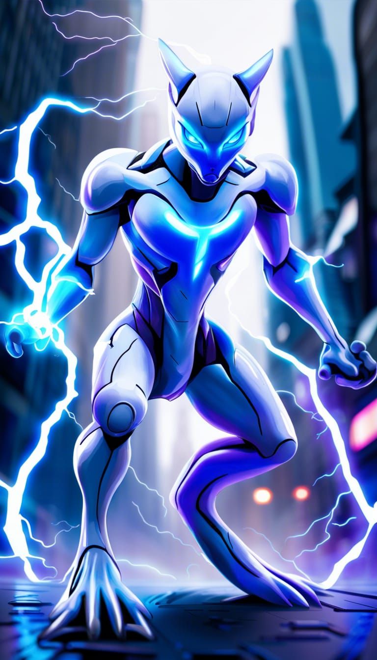 Pokémon, mewtwo, photorealistic, bright glowing blue eyes, pale gray skin, intimidating pose flying, blue electrical tes...