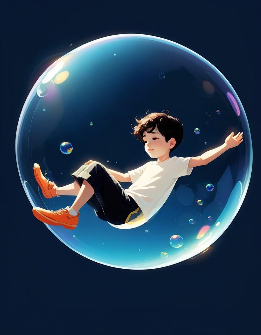 Boy Floating in Bubble: Digital Art Illustration