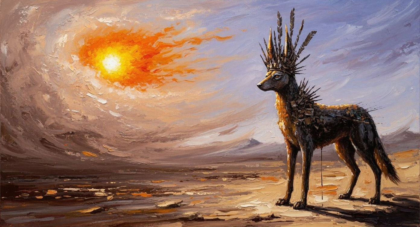 Jackal Deity in Windstorm, as Expressionist Painting