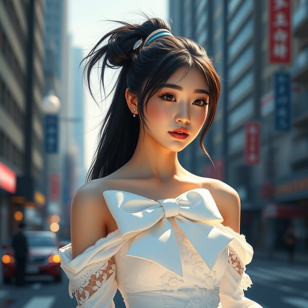 Elegant Asian Woman in White Wedding Dress