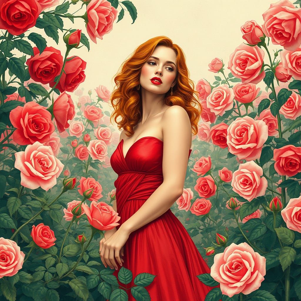 Elegant Woman in a Rose Garden with Art Nouveau Style