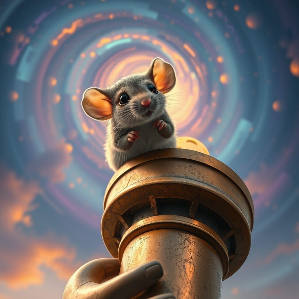 A Tiny Mouse on the Liberty Torch in Ethereal Glow
