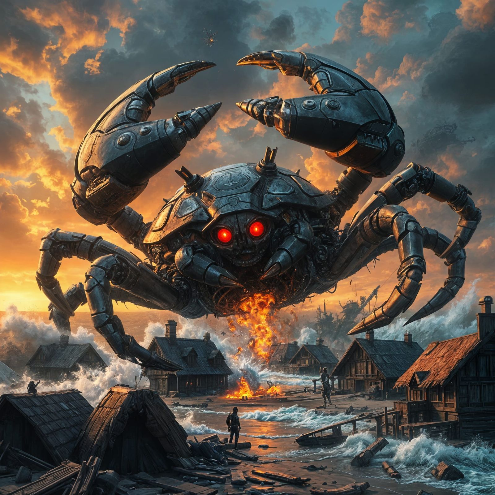 Cyborg Crab Unleashes Mayhem on Futuristic Beach