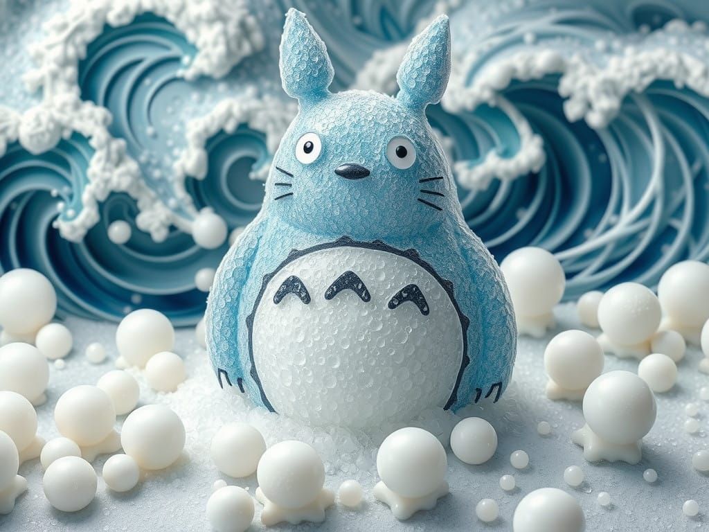Whimsical Totoro in Foamy Waves