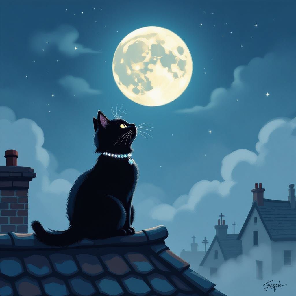 Whimsical Black Cat Gazing at Moonlit Sky