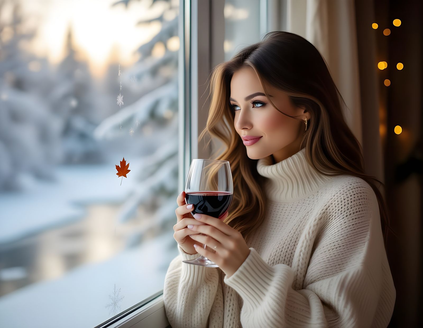Woman with Wine Watches Autumn Fade to Winter