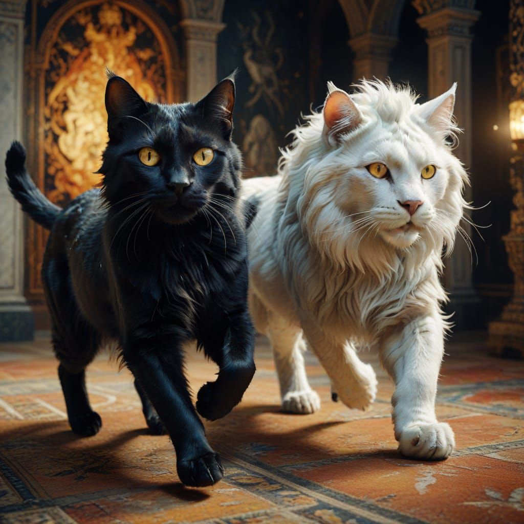 Surreal Cats Flee Magic Lion in Dramatic Light