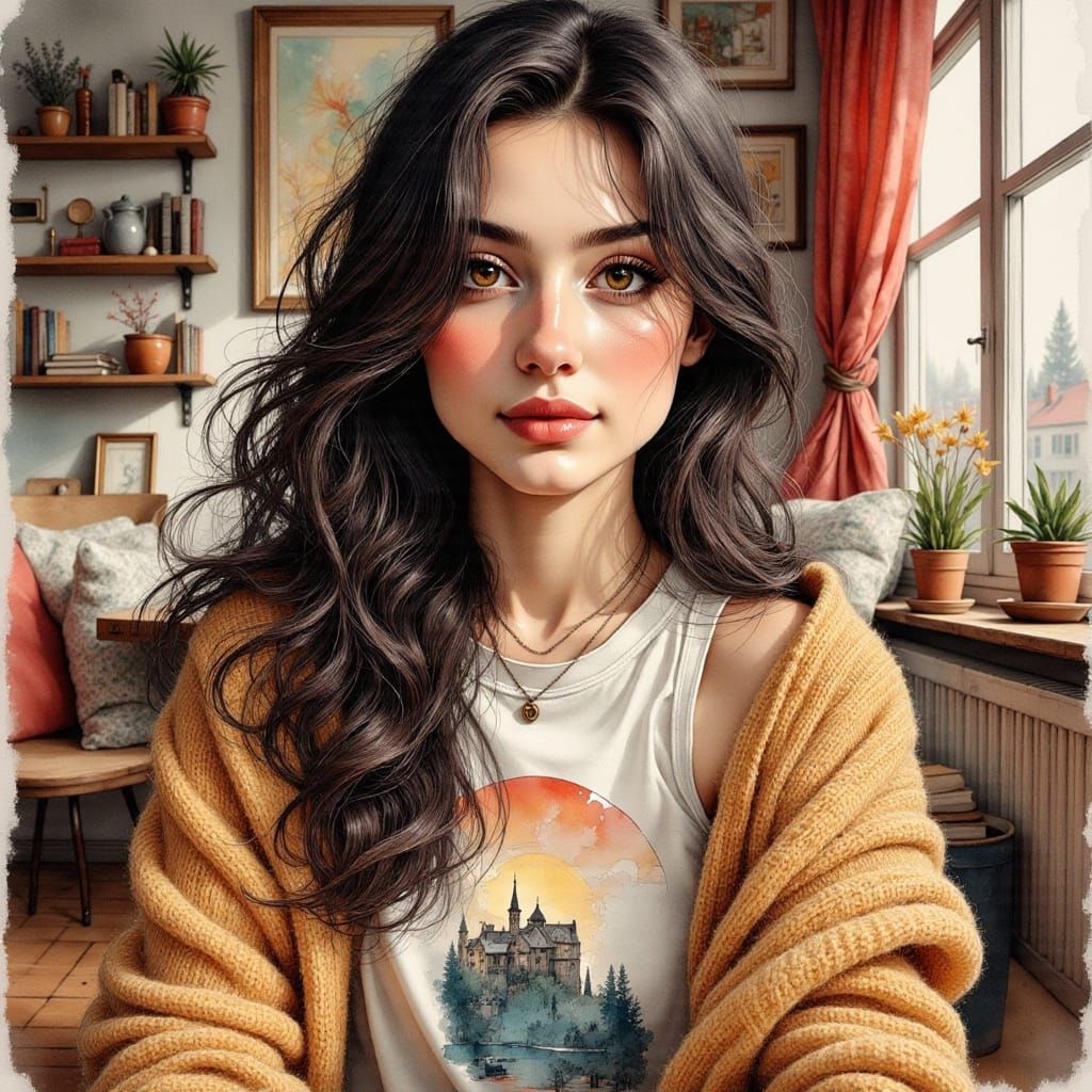 Detailed Ink Drawing of a Woman in 80s Style