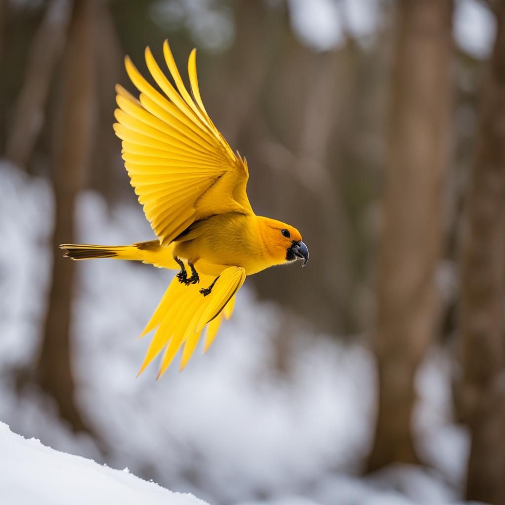 Yellow Canary Flying Over Snowy Landscape