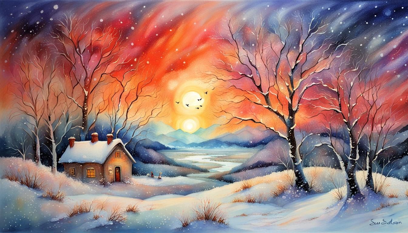 Dreamlike Winter Sunset in Fantasy Art Style