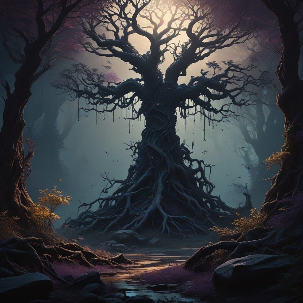 Dark Fantasy Forest Landscape in Dramatic Lighting