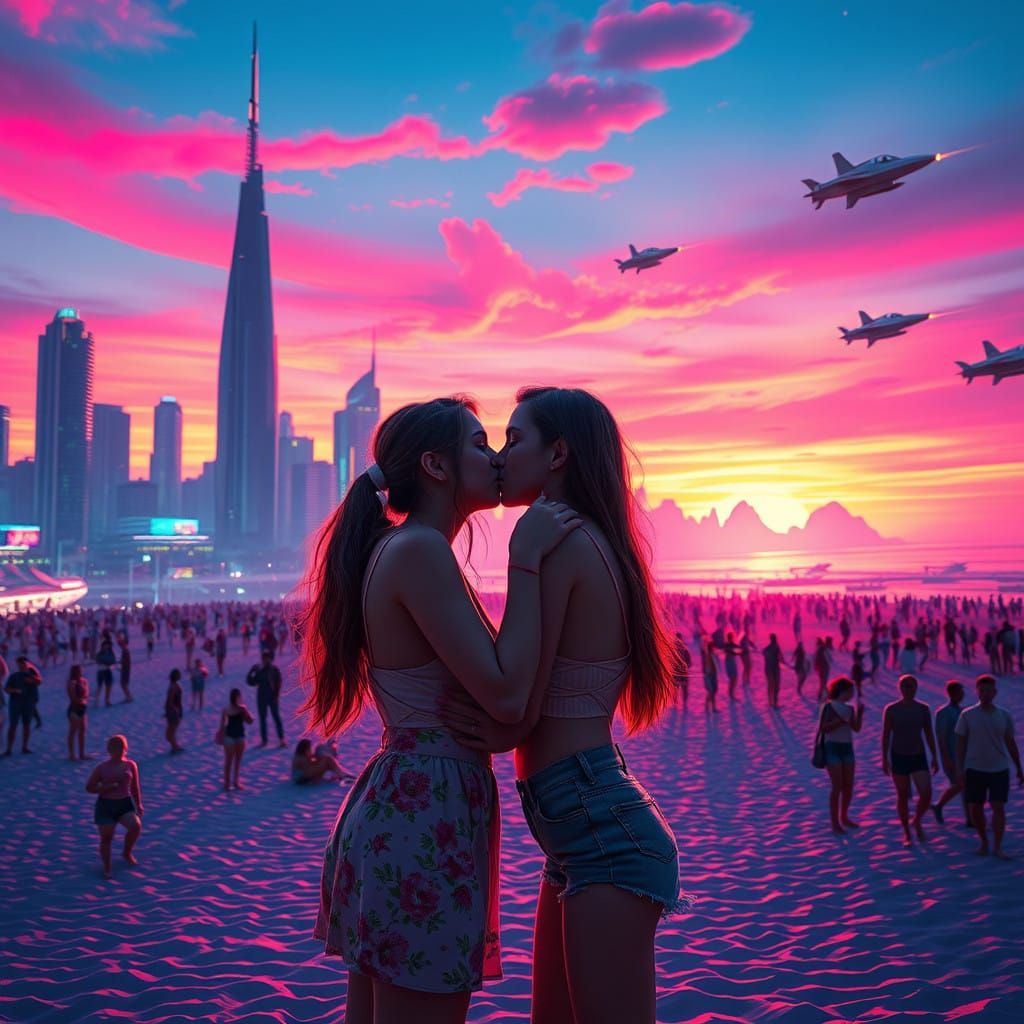 Romantic Futuristic Beach Kiss in Neon Cityscape