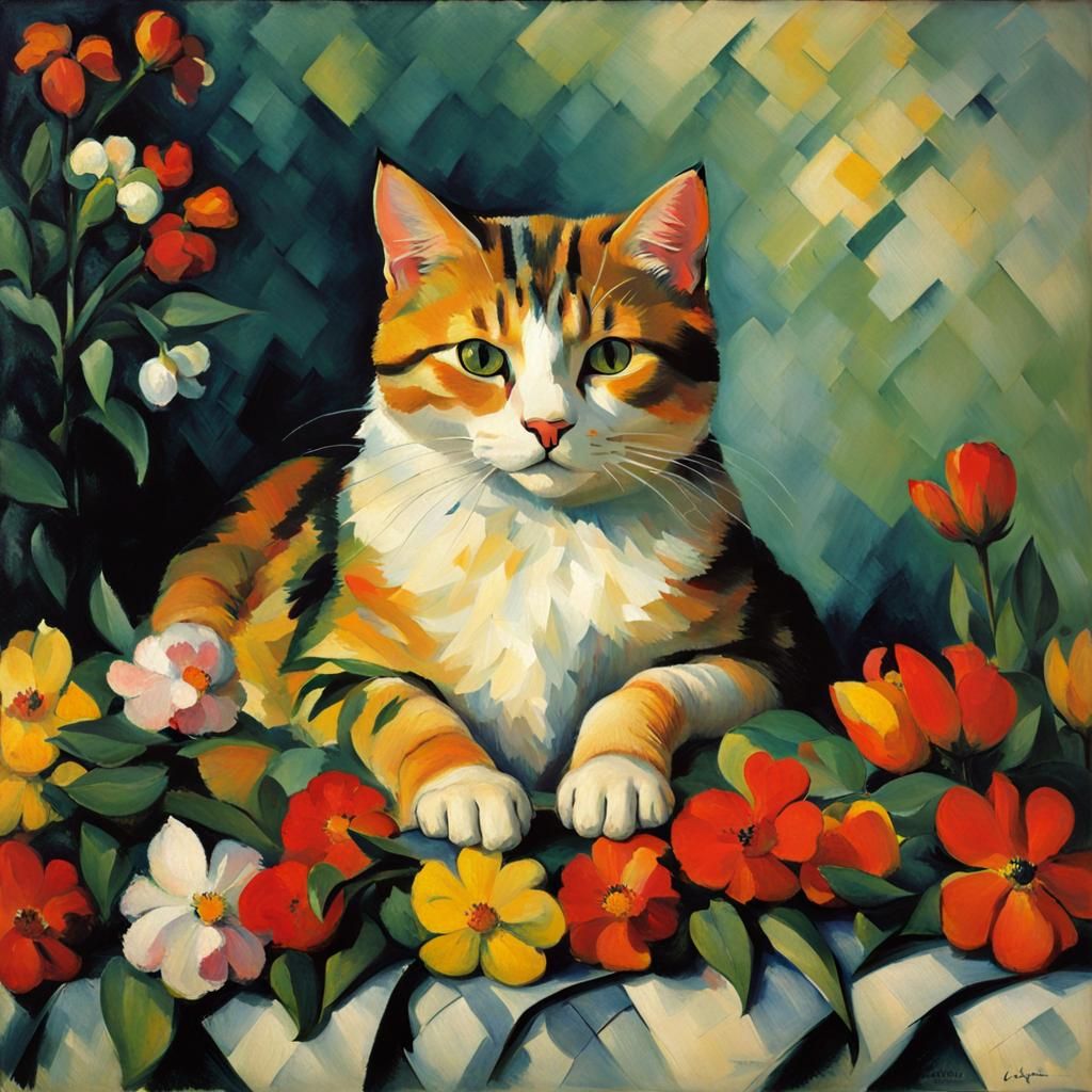 Cute Cat with Flowers in Post-Impressionist Style