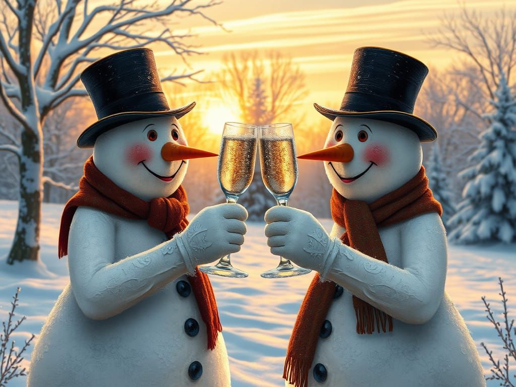 Whimsical Winter Snowmen Toasting to Each Other's Health in....