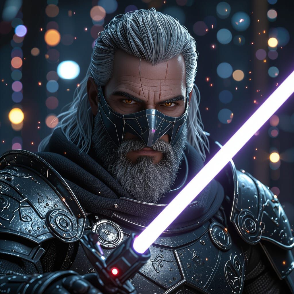 Cyber Knight Portrait with Laser Sword and Magic