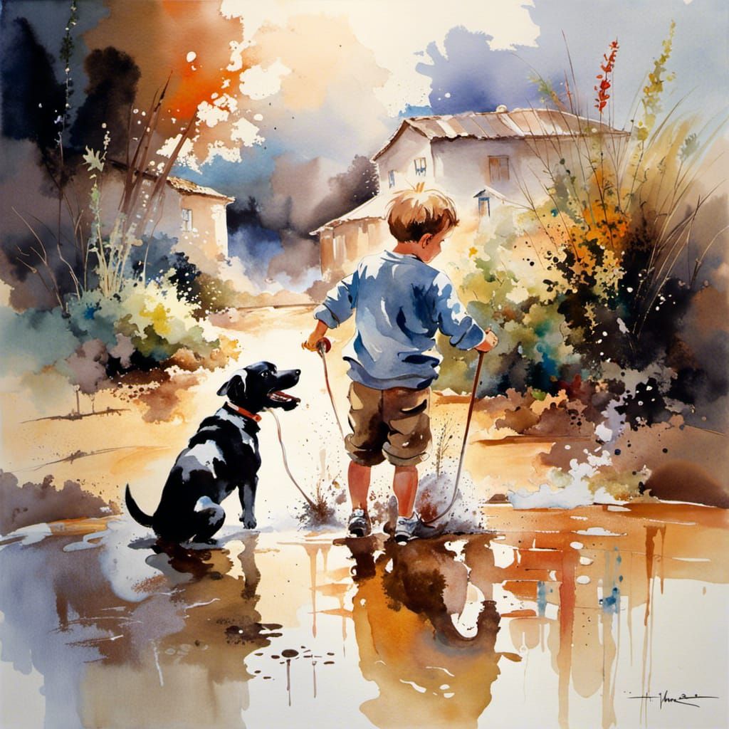 Boy and Dog Play in Mud, Watercolor Splash Art
