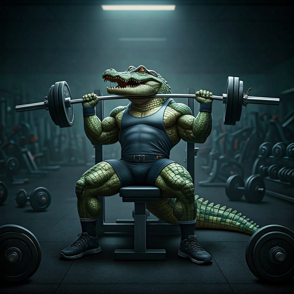 Muscular Alligator Bench Press in Hyper-Realistic Style